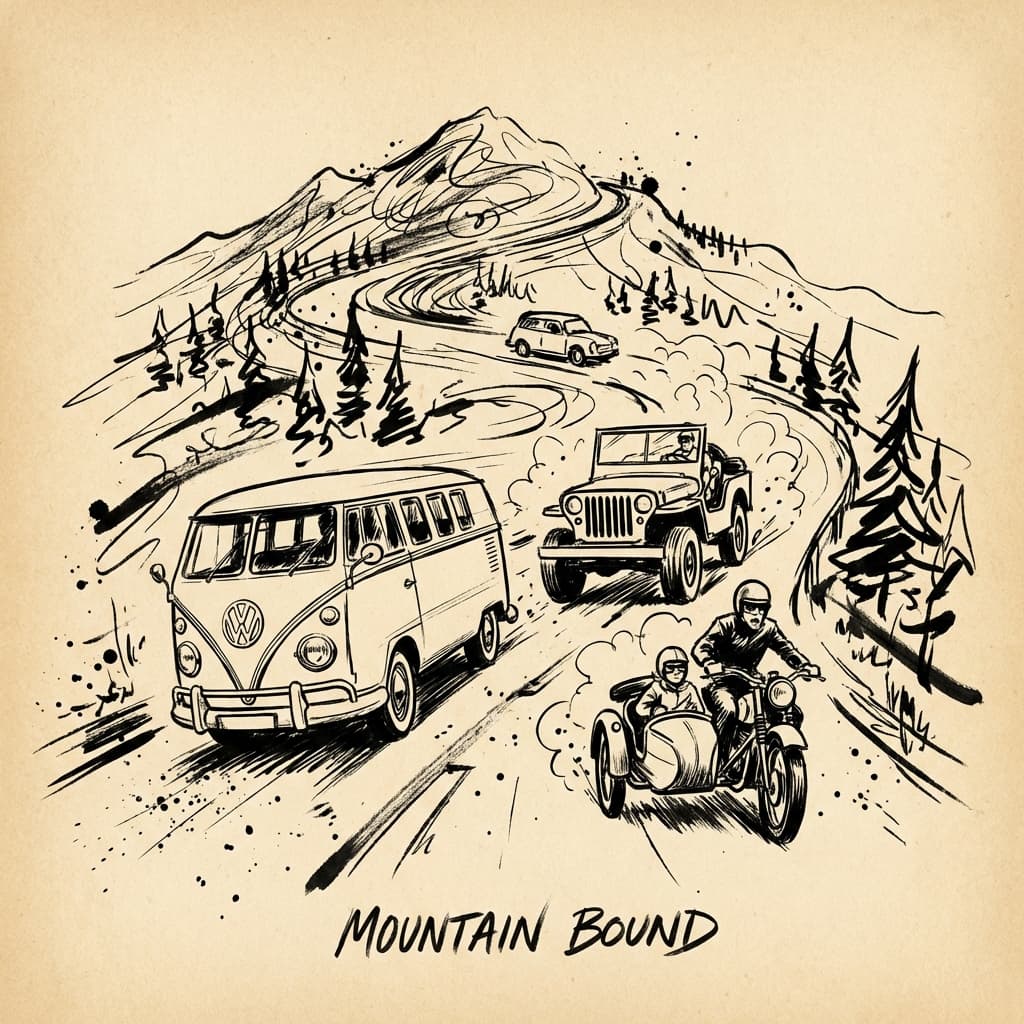 Hand drawn convoy on mountain road